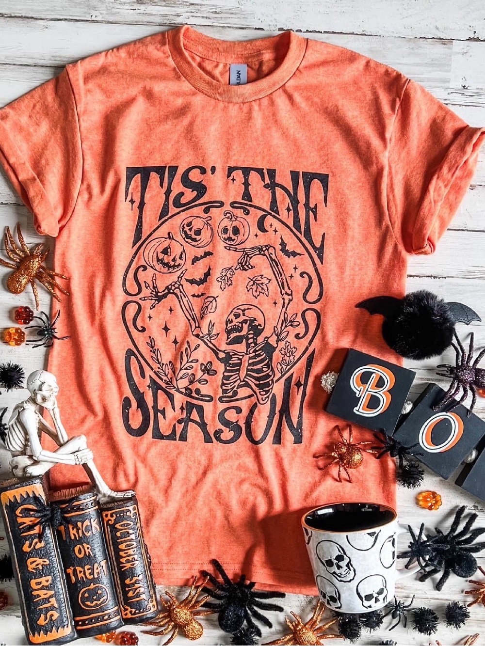 Gildan Orange 'Tis The Season Halloween Tee with Skeleton Graphic